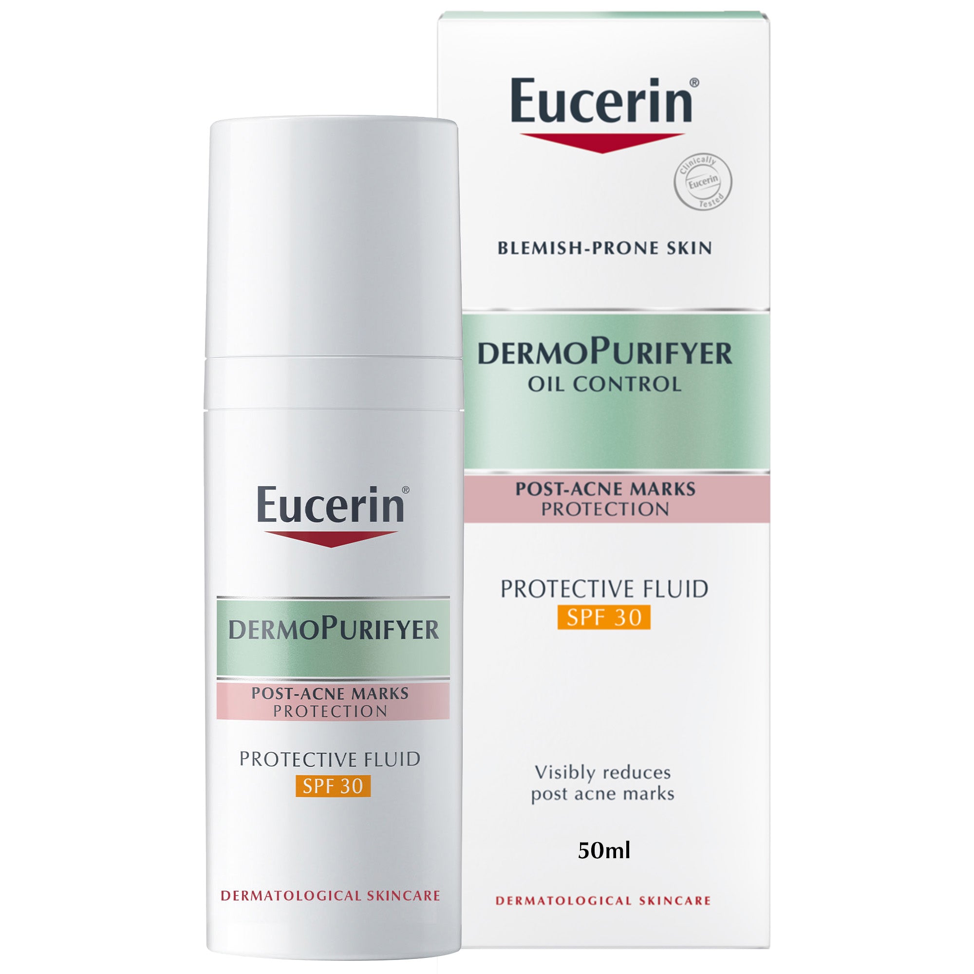 Eucerin DermoPurifyer Oil Control Protective Face Fluid for Post-Acne Marks Protection, UVA & UVB Protection, SPF 30, Long-Lasting Matte Finish, 50ml