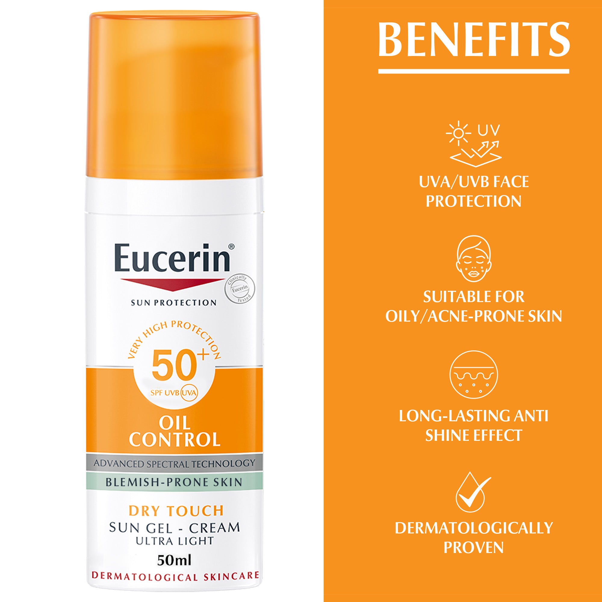 Eucerin Face Sunscreen Oil Control Gel-Cream Dry Touch, High UVA/UVB Protection, SPF 50+, 50ml