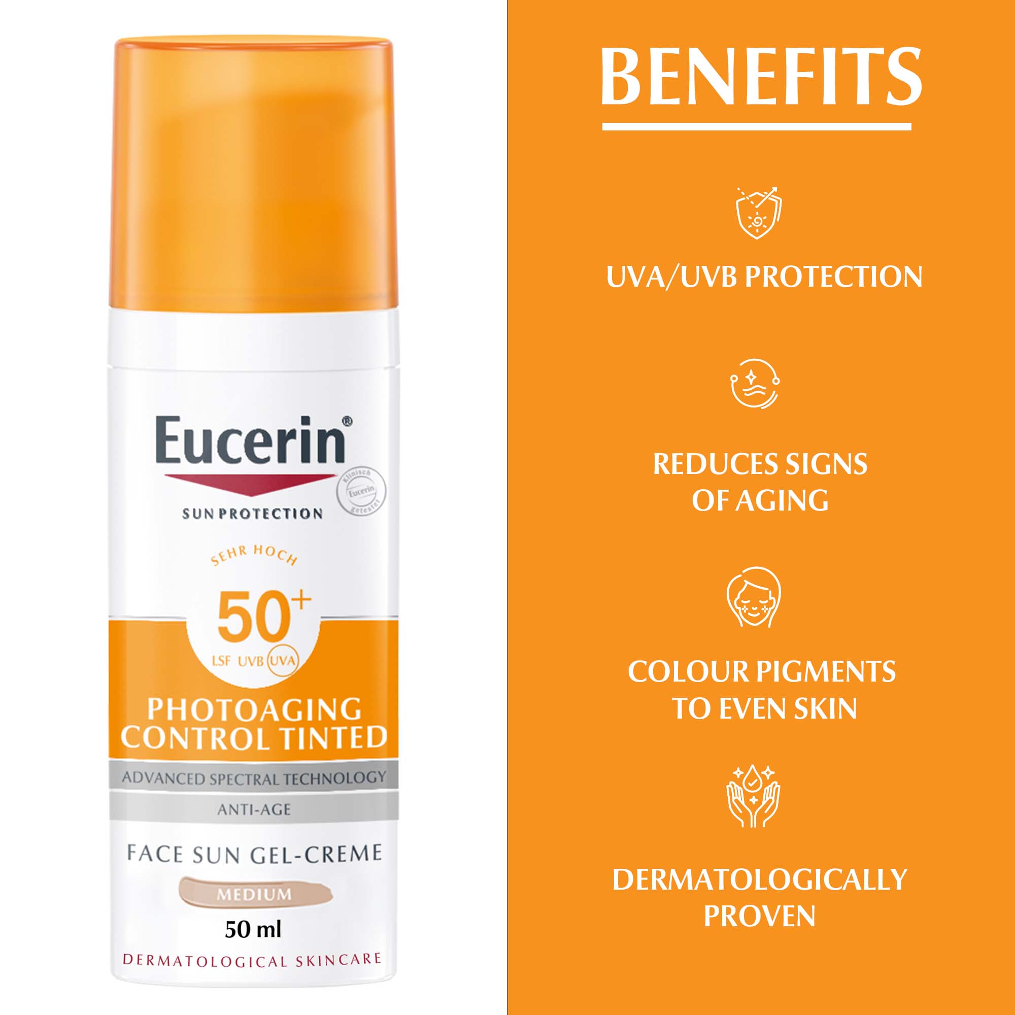 Eucerin Face Sunscreen Photoaging Control Tinted Anti-Age Sun Gel-Cream, High UVA/UVB Protection, SPF 50+, 50ml