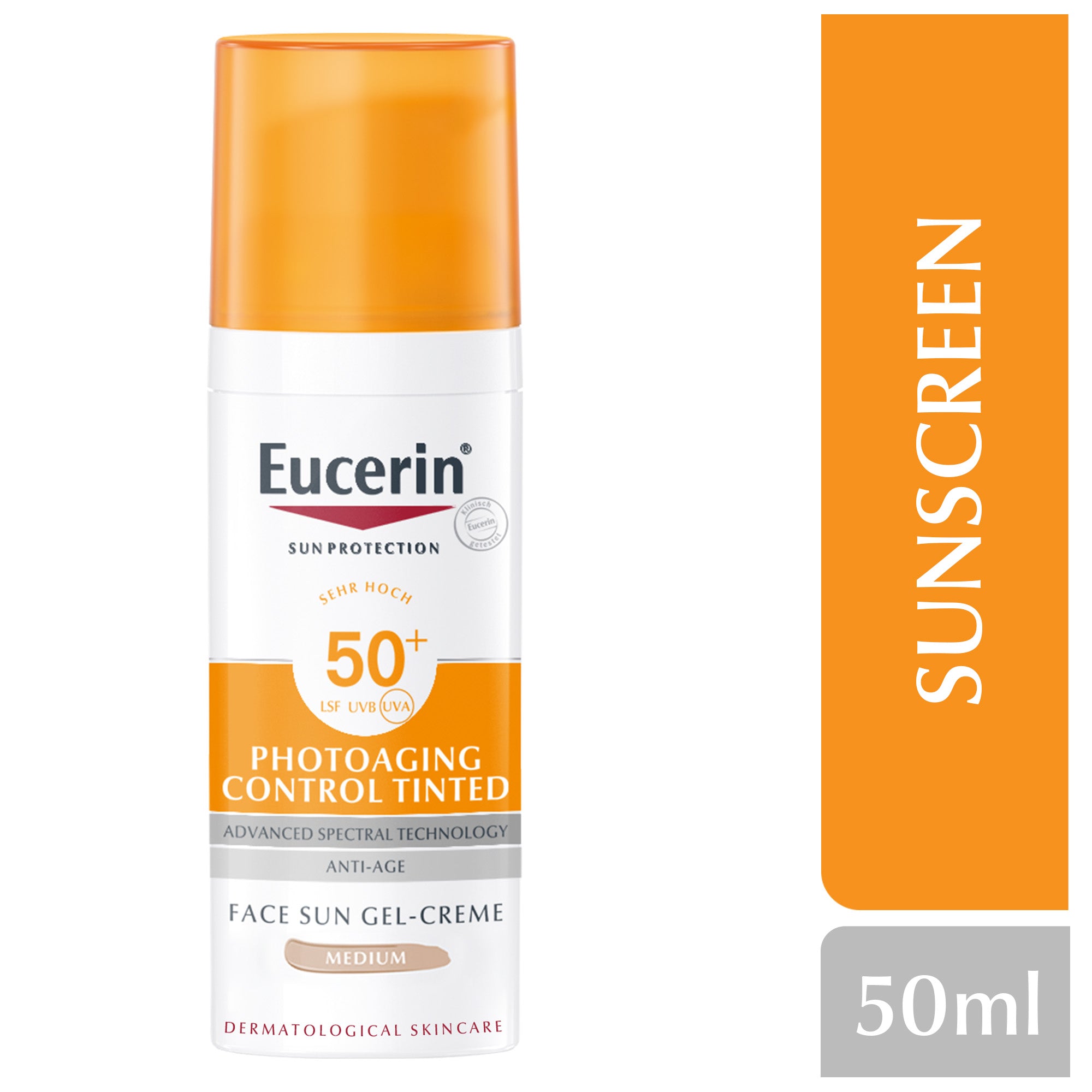 Eucerin Face Sunscreen Photoaging Control Tinted Anti-Age Sun Gel-Cream, High UVA/UVB Protection, SPF 50+, 50ml
