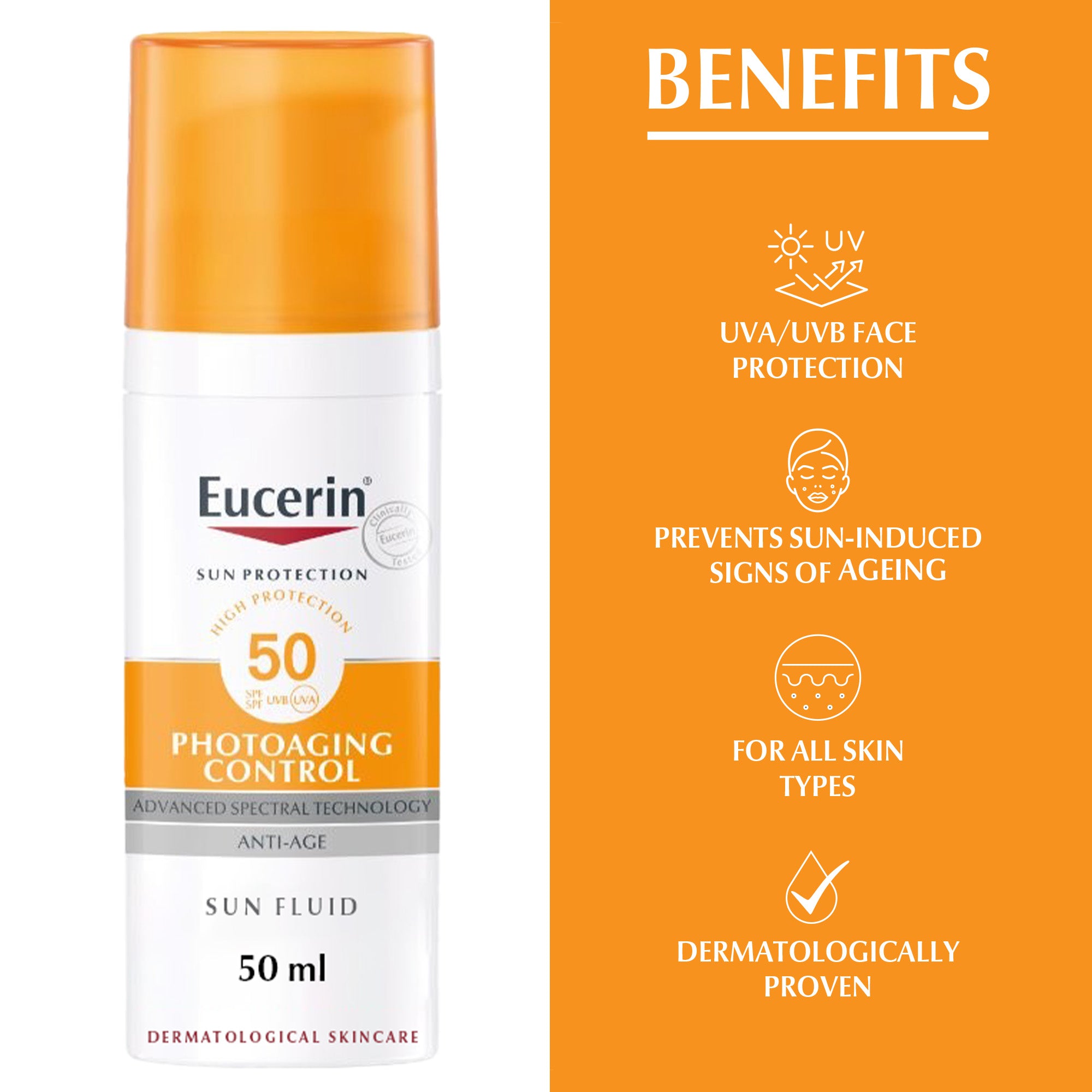 Eucerin Face Sunscreen Photoaging Control Anti-Age Sun Fluid, High UVA/UVB Protection, SPF 50, 50ml