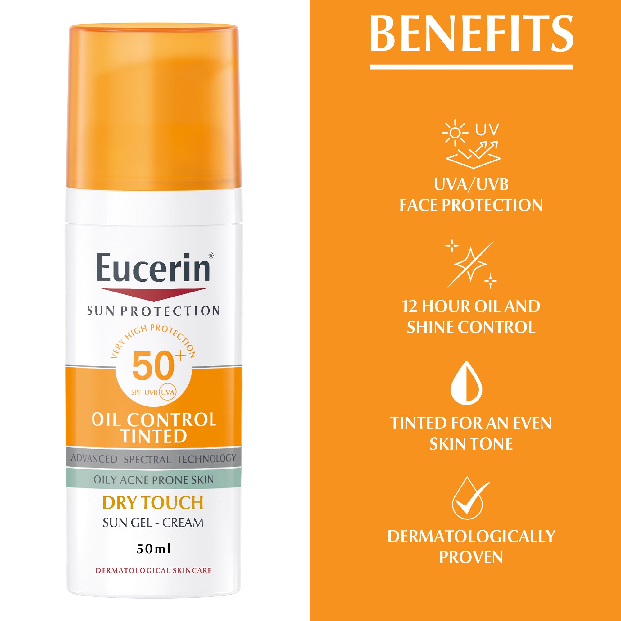 Eucerin Face Sunscreen Oil Control Tinted Gel-Cream Dry Touch, High UVA/UVB Protection, SPF 50+, 50ml